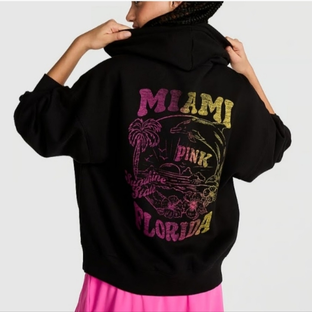VICTORIA'S SECRET PINK FLEECE HOODIE JACKET GRAPHIC BACK 'MIAMI HEAT' FULL-ZIP